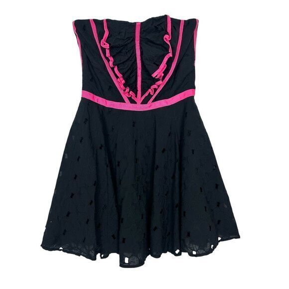 Karen Millen Mini Dress y2k Ruffle 6 Black Pink Eyelet Broderie Strapless Retro - Picture 1 of 13